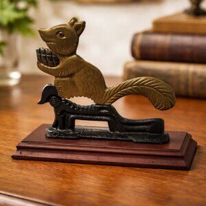 Vintage Cast Iron Squirrel Nutcracker Figural w/ Wood Display Base